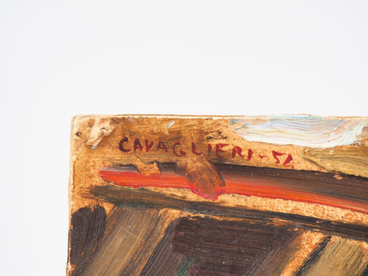 Mario CAVAGLIERI.  "cuisine à Monfort" Huile sur carton, signée en hau