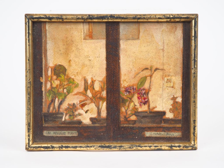 Mario CAVAGLIERI.  "lae nuevo piante"  Huile sur carton, signée en bas