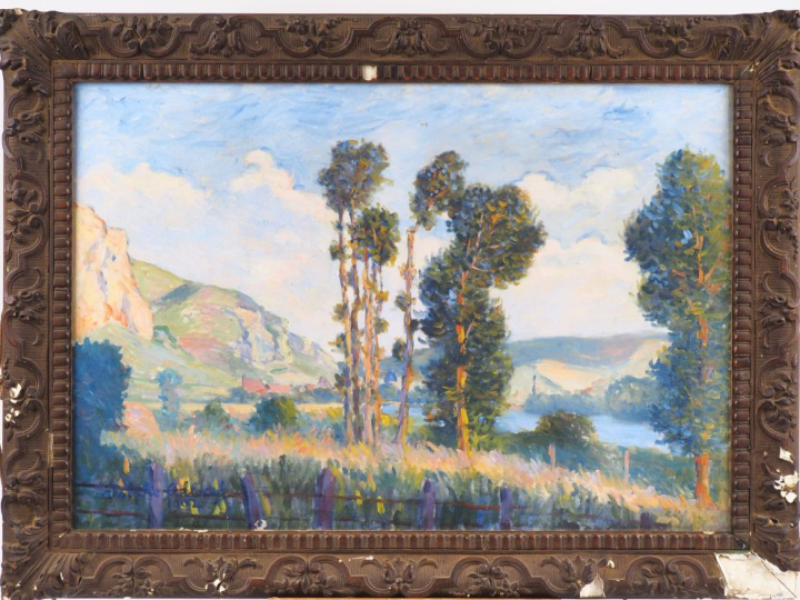 Adolphe ALBERT.  "village et arbres dans la vallée" Huile sur toile, s