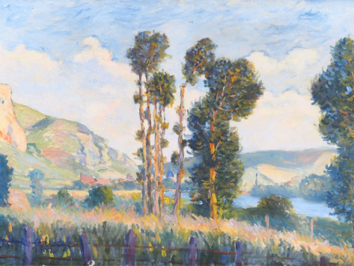 Adolphe ALBERT.  "village et arbres dans la vallée" Huile sur toile, s