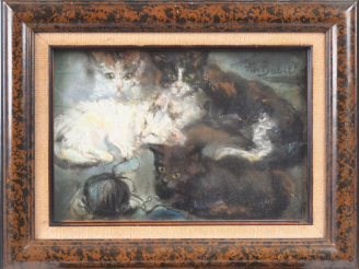 Vente aux enchères BABILLOT.  "les chats" Pastel, signé en haut à droite. Dim. 22,5 x 33,