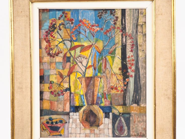 L. BERGES.  "nature morte" Huile sur isorel, signée en bas à droite. D
