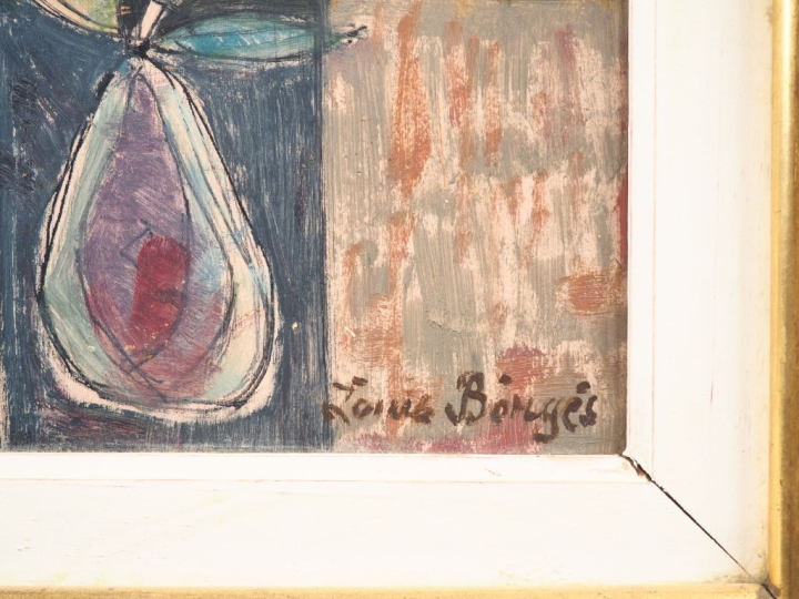 L. BERGES.  "nature morte" Huile sur isorel, signée en bas à droite. D