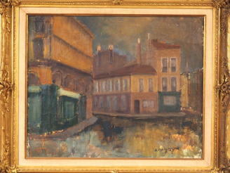 Vente aux enchères Raoul BERGOUGNAN.  "Vue de Toulouse". Huile sur toile, signée en bas à