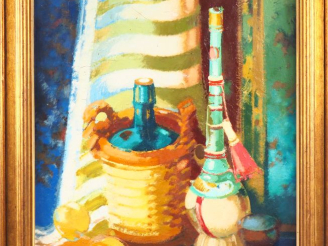 Vente aux enchères Pierre BOUDIN.  "La bouteille de Chianti".  Huile sur toile, signée en