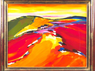 Vente aux enchères Bernard CADENE.  "la colline aux lavandes". Huile sur toile, signée en