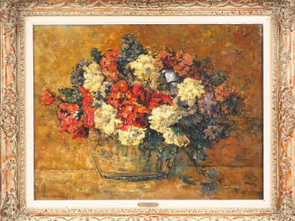 Vente aux enchères Victor CHARRETON.  "corbeille de fleurs".  Huile sur toile, signée en 