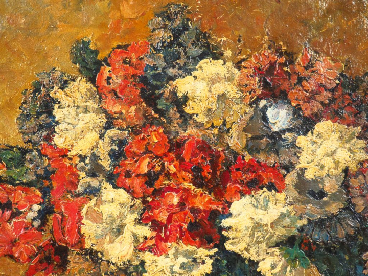 Victor CHARRETON.  "corbeille de fleurs".  Huile sur toile, signée en 