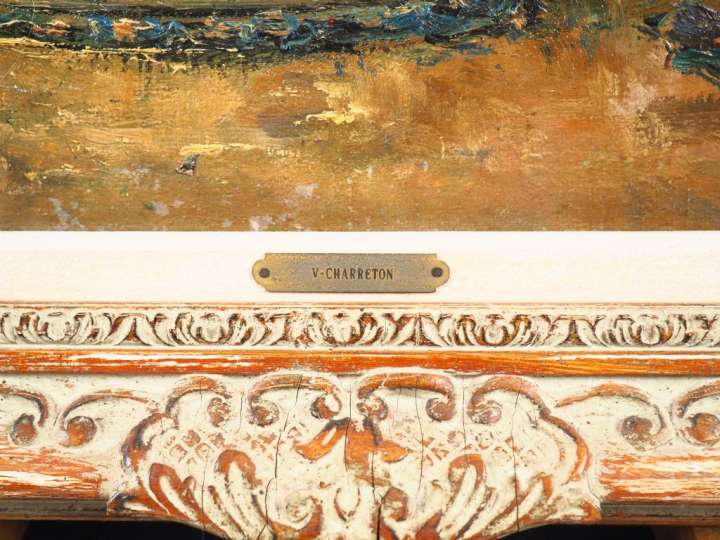 Victor CHARRETON.  "corbeille de fleurs".  Huile sur toile, signée en 