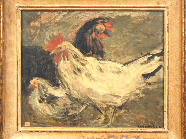 CORNEILLE. "les poules" Huile sur panneau, signée en bas à droite. Dim