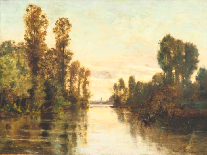Karl DAUBIGNY.  "Paysage lacustre" Huile sur toile, signée en bas à dr