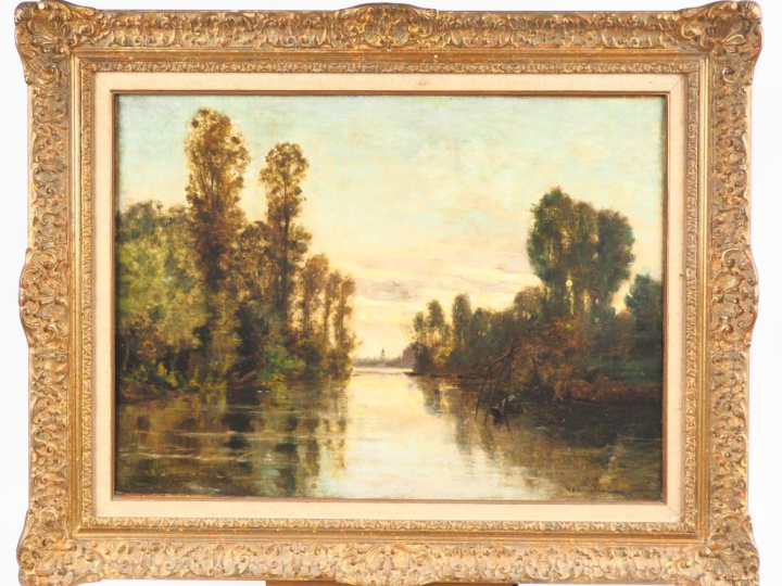 Karl DAUBIGNY.  "Paysage lacustre" Huile sur toile, signée en bas à dr