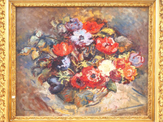 Vente aux enchères DEMEURISSE.  "Bouquet d'anémones".  Huile sur toile, signée en bas à g