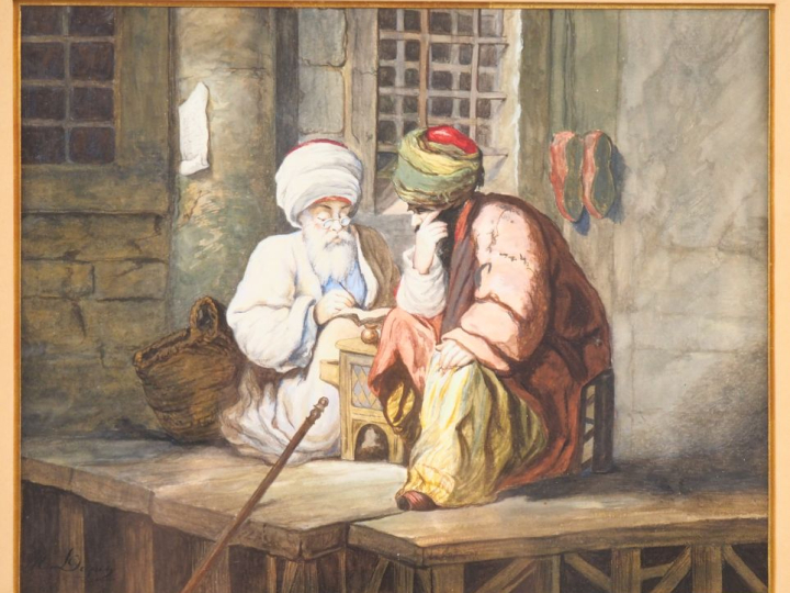 M. DUPUY. "les deux scribes".  Aquarelle XIXème, signée en bas à gauch