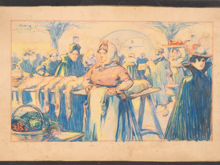 FORTUNY.  "le marché au gras".  Dessin en couleurs, signé en bas à gau