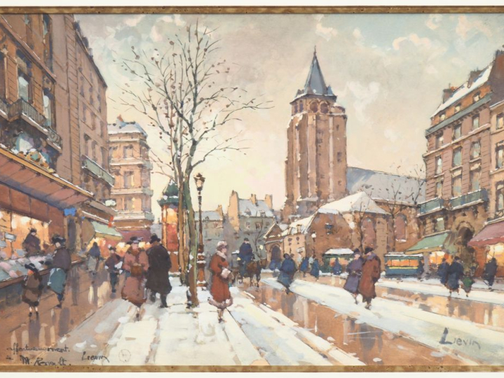 GALLIEN LALOUE. "Paris, sous la neige" Gouache, signée en bas à droite