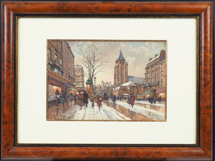 GALLIEN LALOUE. "Paris, sous la neige" Gouache, signée en bas à droite