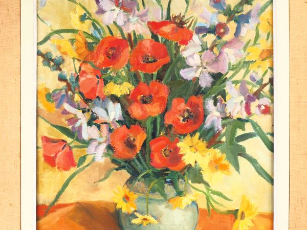 GIACOBBIN.  "bouquet de fleurs d'été".  Huile sur toile, signée en bas