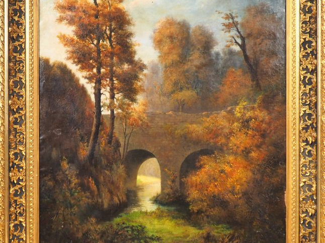 GONNARD.  "Paysage d'automne au vieux pont". Huile sur toile, signée e