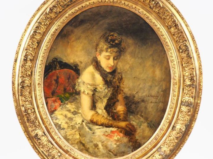 GARRIDO. "Elégante au billet" Huile sur toile, signée en bas à droite.