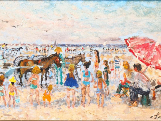 Vente aux enchères A. HAMBOURG.  "l'après midi par marée basse".  Huile sur toile, signée