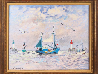 Vente aux enchères A. HAMBOURG.  "trois chalutiers rentrent au port (Trouville)". Huile s