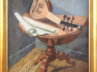 Vente aux enchères ISSAIEV.  "nature morte à luth" Huile sur toile, signée en bas à droit
