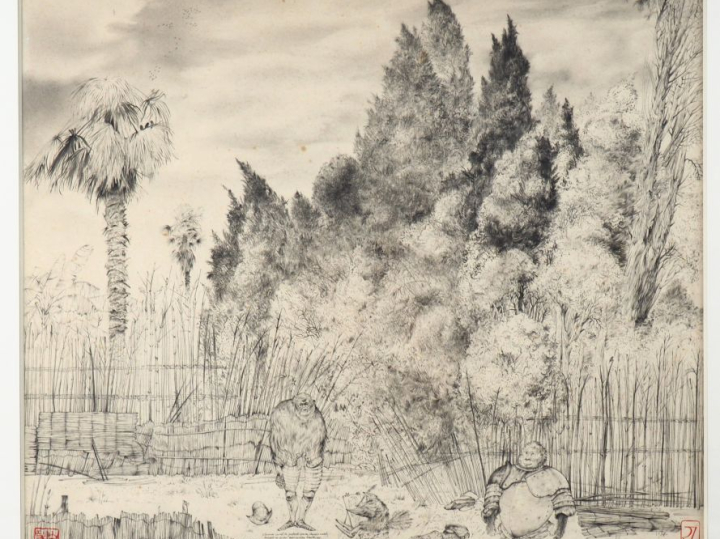 René IZAURE. "les conquérants" Dessin au crayon, signé en bas à droite