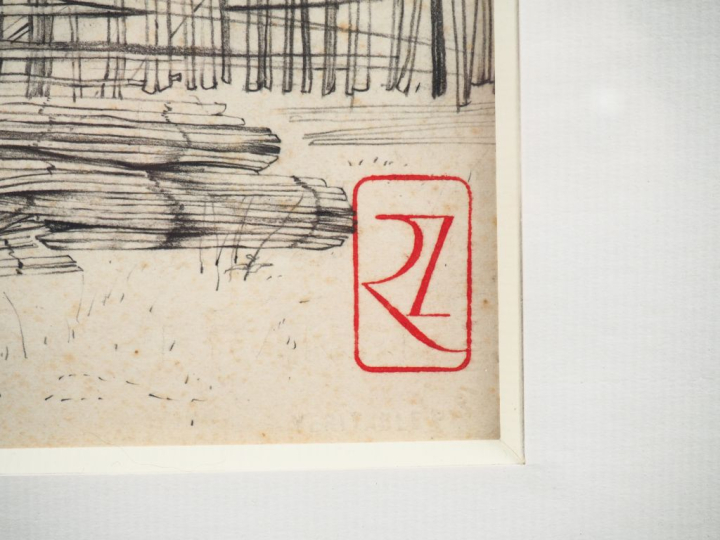 René IZAURE. "les conquérants" Dessin au crayon, signé en bas à droite