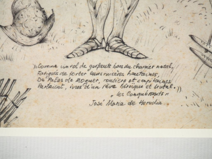 René IZAURE. "les conquérants" Dessin au crayon, signé en bas à droite