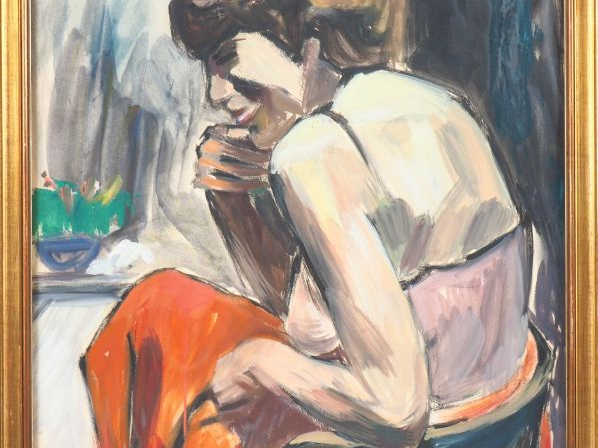 G. JOUBIN.  "Femme assise, combinaison, jupe rouge" Huile sur papier, 
