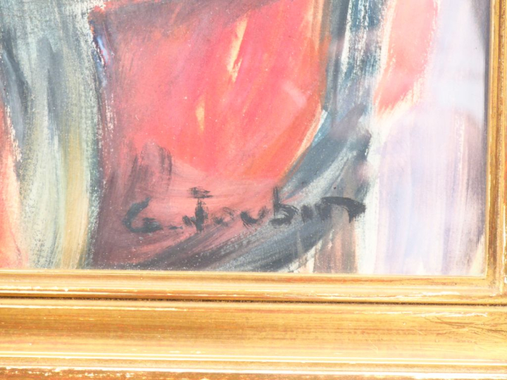 G. JOUBIN.  "Femme assise, combinaison, jupe rouge" Huile sur papier, 