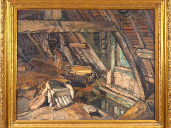 AM. LEPETIT.  "Intérieur de grenier" Huile sur toile, signée en bas à 