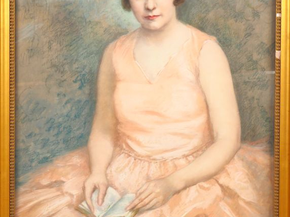 Marguerite LOUBAT.  "portrait de jeune fille" Grand pastel, signé en h