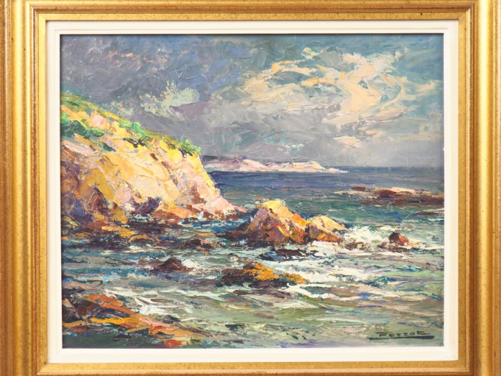PERROT.  "Rochers au bord de mer" Huile sur panneau, signée en bas à d