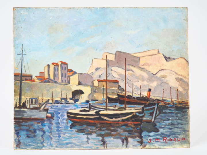 JM. RIGAUD.  "port du Midi". Huile sur panneau, signée en bas à droite