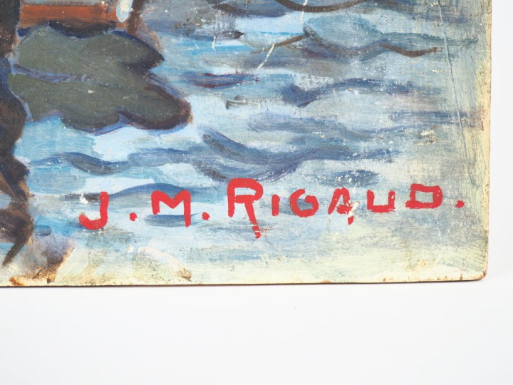 JM. RIGAUD.  "port du Midi". Huile sur panneau, signée en bas à droite