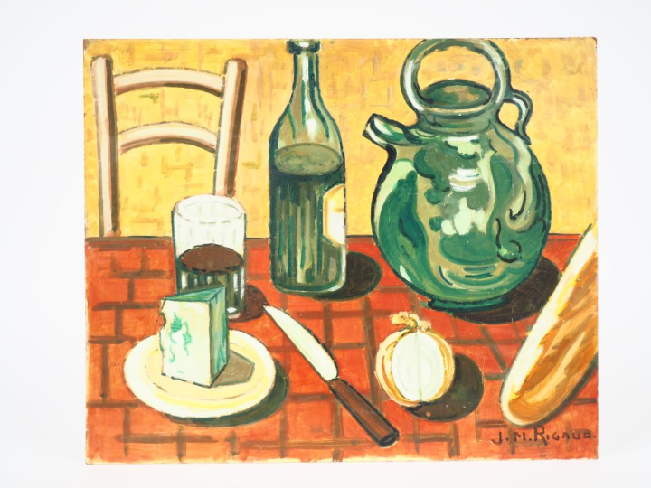 JM. RIGAUD.  "nature morte".  Huile sur isorell, signée en bas à droit