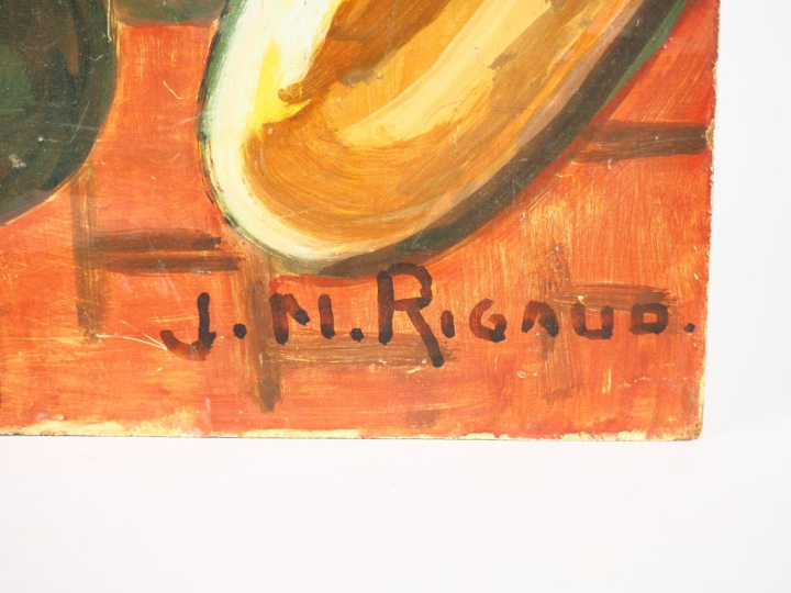 JM. RIGAUD.  "nature morte".  Huile sur isorell, signée en bas à droit
