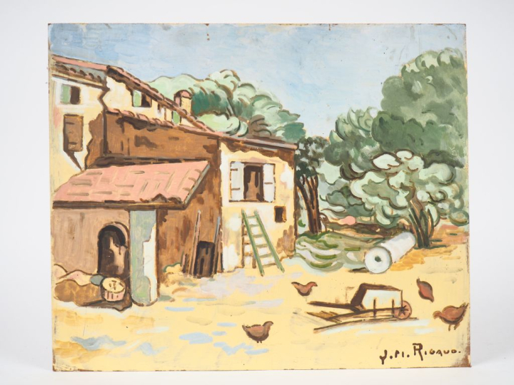 JM. RIGAUD.  "la basse cour". Huile sur isorel, signée en bas à droite