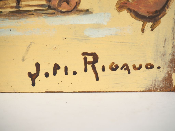 JM. RIGAUD.  "la basse cour". Huile sur isorel, signée en bas à droite