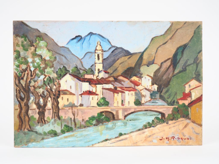 JM. RIGAUD.  "vue de Fontan" Huile sur panneau, signée en bas à droite
