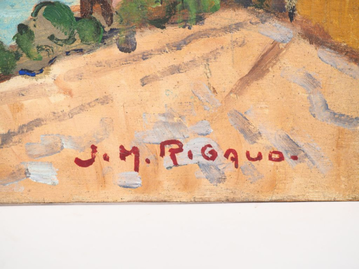 JM. RIGAUD.  "vue de Fontan" Huile sur panneau, signée en bas à droite