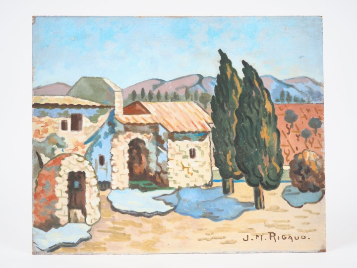 JM. RGAUD.  "le mas dans les Alpilles".  Huile sur isorel, signée en b