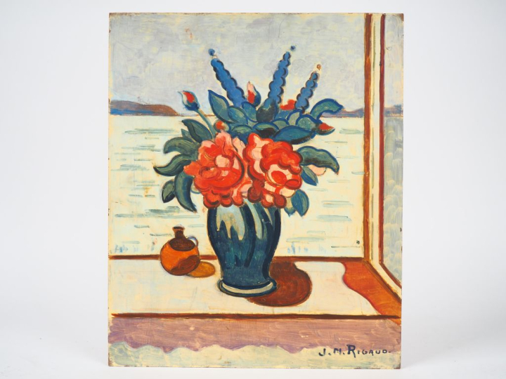 JM. RIGAUD.  "bouquet de fleurs". Huile sur panneau, signée en bas à d