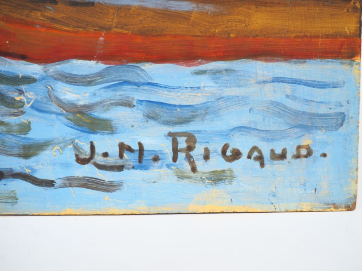JM. RIGAUD.  "le port" Huile sur panneau, signée en bas à droite.  Dim