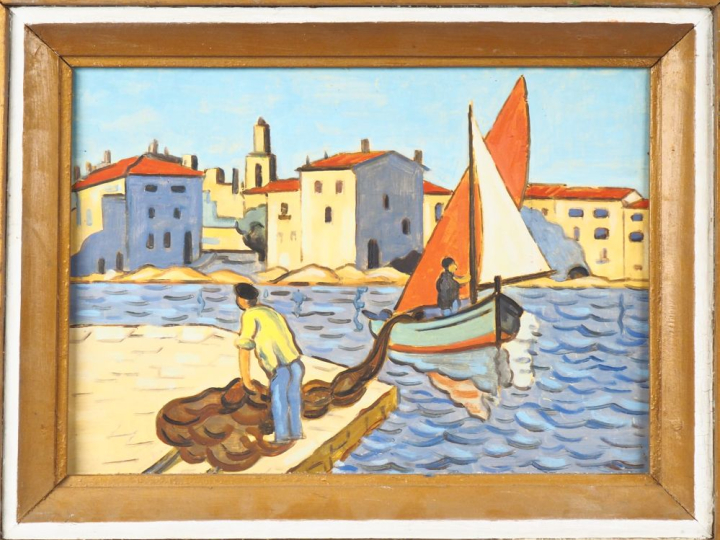 JM. RIGAUD. "pêcheur dans le port" Huile sur toile Dim. 38 x 46 cm