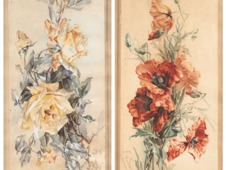 Vente aux enchères F. SOULIE.  "nature morte aux roses et aux coquelicots".  Paire d'aqua