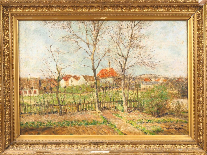 Louis TAUZIN.  "vue de village". Huile sur toile, signée en bas à droi