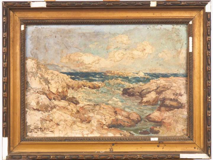 M. VITALLA.  "côte rocheuse'"  Huile sur panneau, signée en bas à gauc